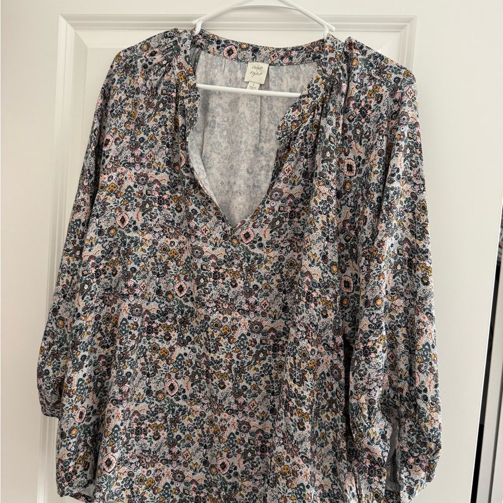 Maeve Floral V-Neck Blouse in Pink, Green and Yellow